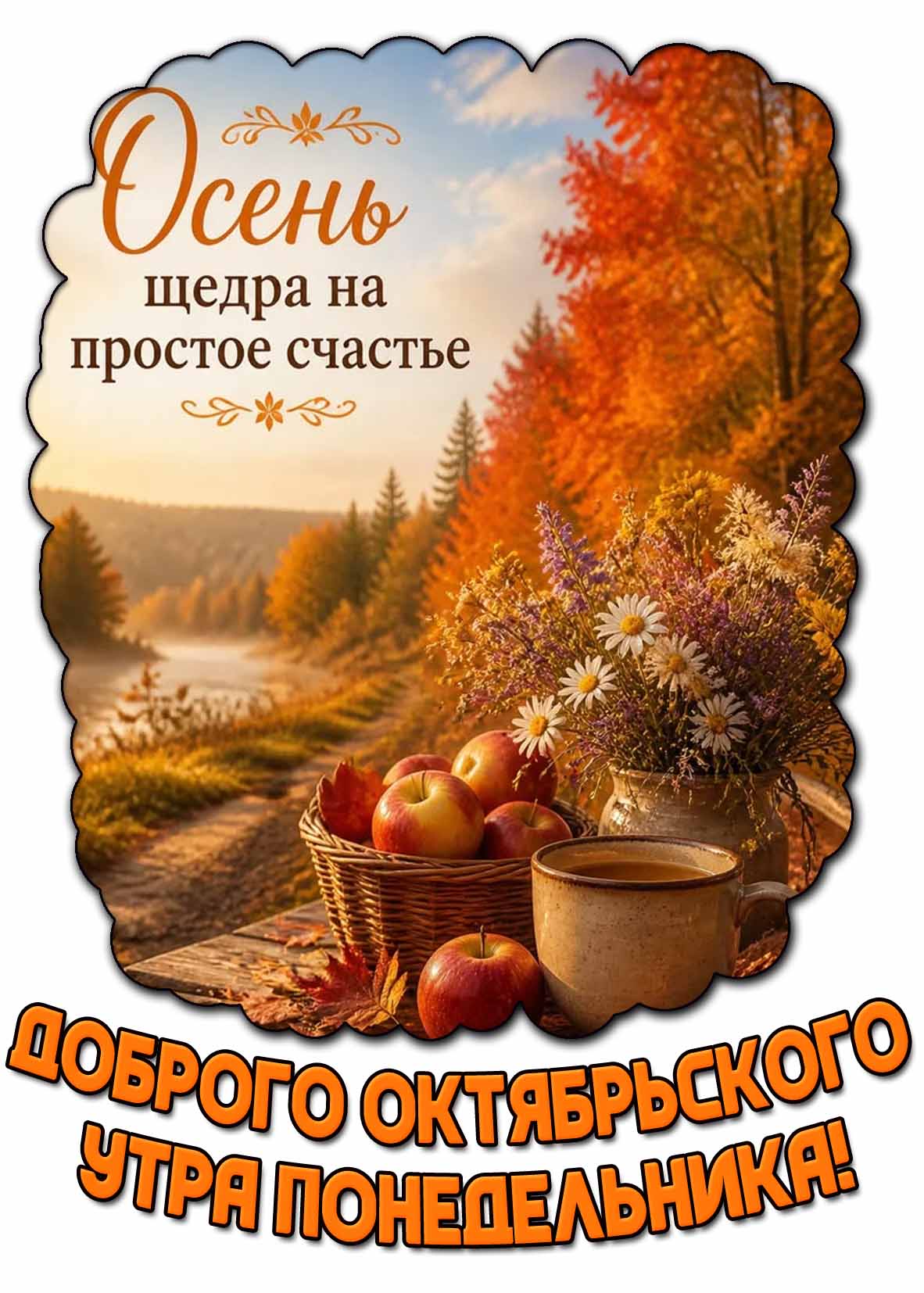 Открытка "Доброго октябрьского утра понедельника! Осень щедра на простое счастье!"
