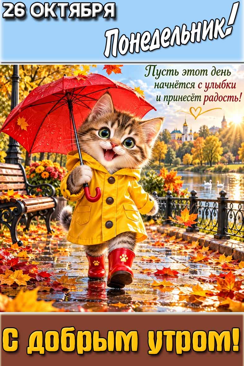 Дождливая картинка "26 октября понедельник! С добрым утром! Пусть этот день начнётся с улыбки и принесёт радость!"