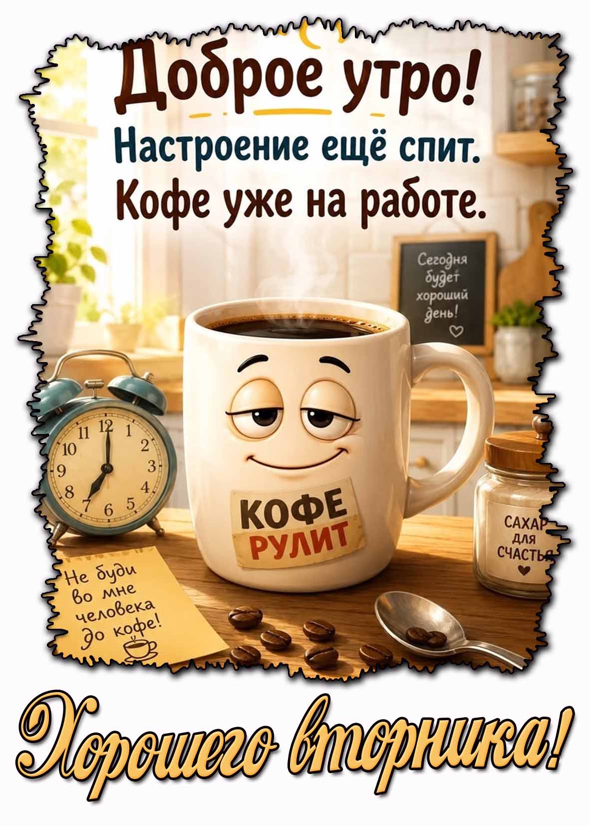 Прикольная открытка "Доброе утро! Хорошего вторника! Настроение ещё спит. Кофе уже на работе. Сегодня будет хороший день!"