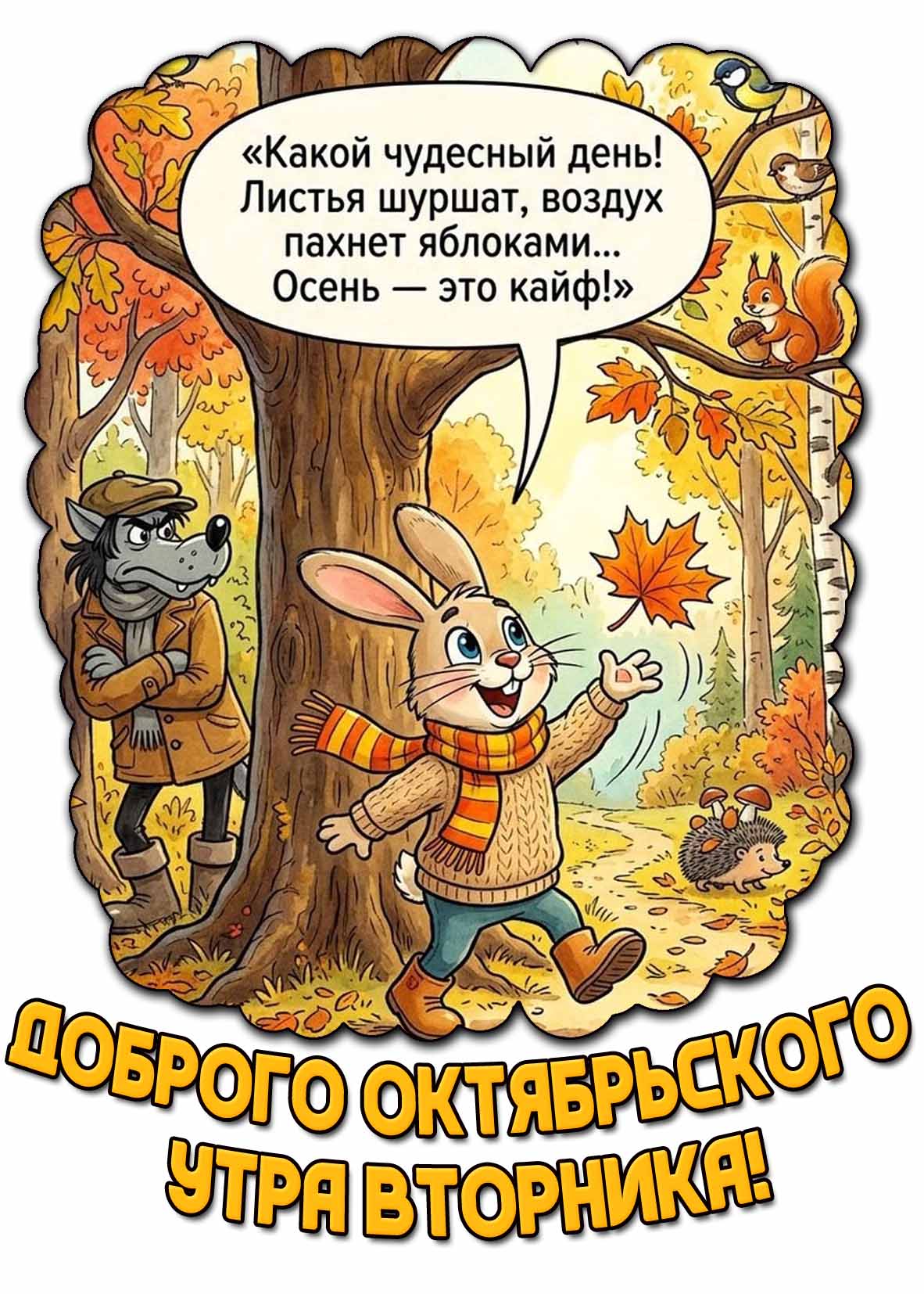 Мультяшная открытка "Доброго октябрьского утра вторника! Какой чудесный день! Листья шуршат, воздух пахнет яблоками... Осень - это кайф!"
