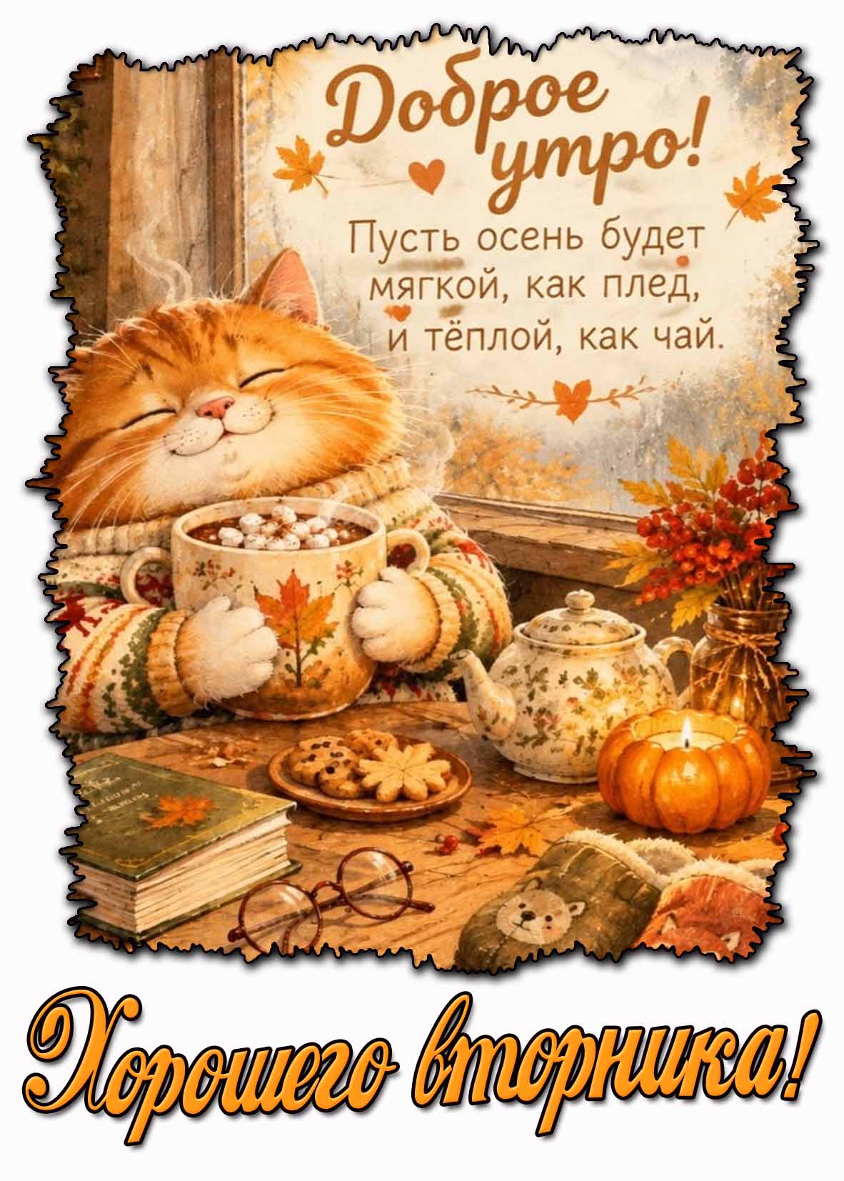 Осенняя открытка "Доброе утро! Хорошего вторника! Пусть осень будет мягкой, как плед, и тёплой, как чай!"