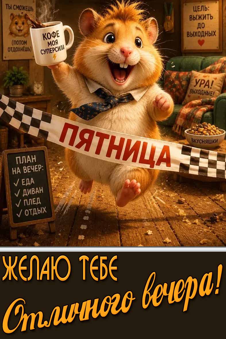 Весёлая открытка "Пятница! Желаю тебе отличного вечера!"