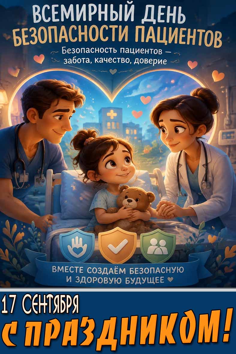 Открытка 17 сентября - Всемирный день безопасности пациентов! Безопасность пациентов - забота, качество, доверие! С праздником!