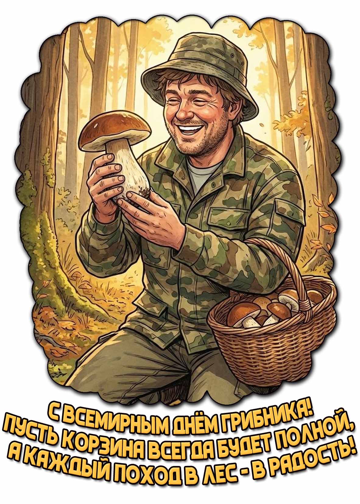 Открытка "С Всемирным днём грибника! Пусть корзина всегда будет полной, а каждый поход в лес - в радость!"