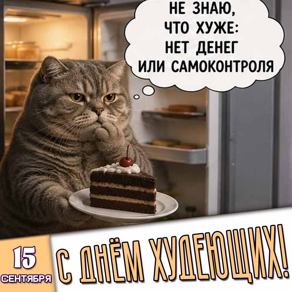 Прикольная картинка с котиком с тортиком у холодильника к празднику 15 сентября - с днём худеющих! Не знаю, что хуже : нет денег или самоконтроля! Картинка 15 сентября - с днём худеющих! Не знаю, что хуже : нет денег или самоконтроля!