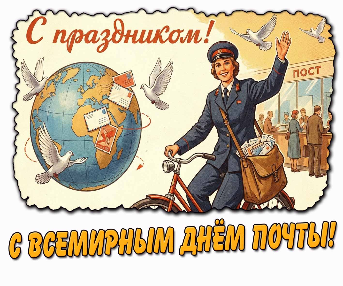 Советская открытка "С Всемирным днём почты! С праздником!"