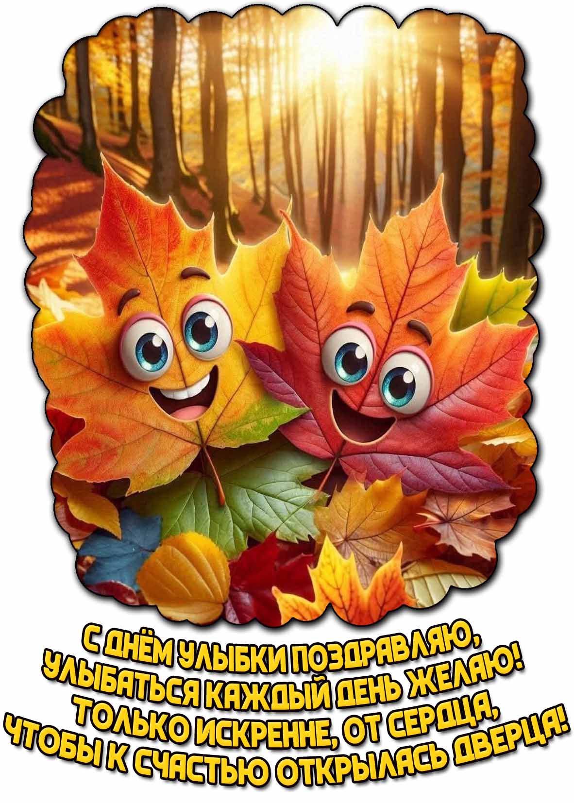 Открытка "С днём улыбки поздравляю, улыбаться каждый день желаю! Только искренне, от сердца, чтобы к счастью открылась дверца!"