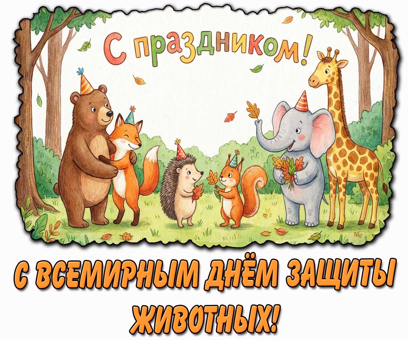 Детская осенняя открытка "С Всемирным днём защиты животных! С праздником!"