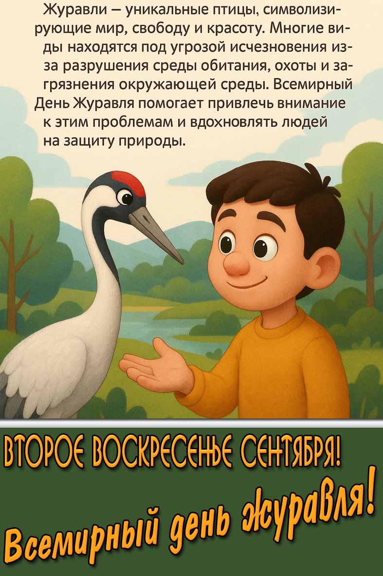 Красивая картинка для детей "Второе воскресенье сентября! Всемирный день журавля!"