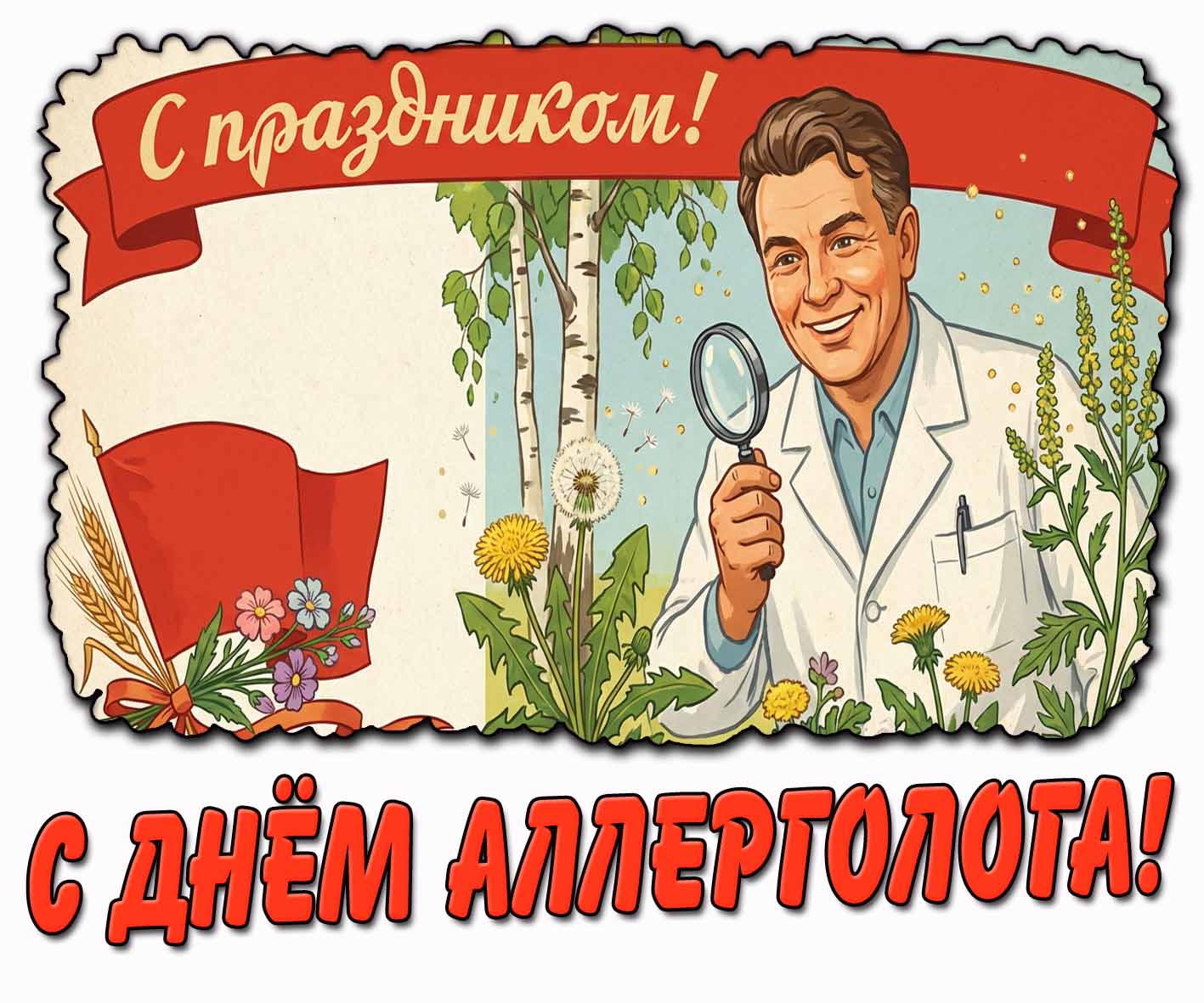 Советская открытка "С днём аллерголога! С праздником!"