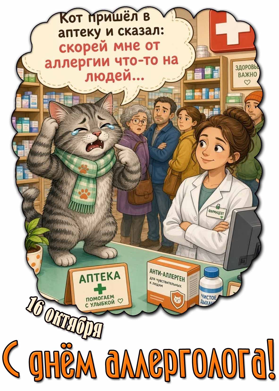 Прикольная картинка 16 октября - с днём аллерголога! Кот пришёл в аптек и сказал : Скорей мне от аллергии, что-то на людей...
