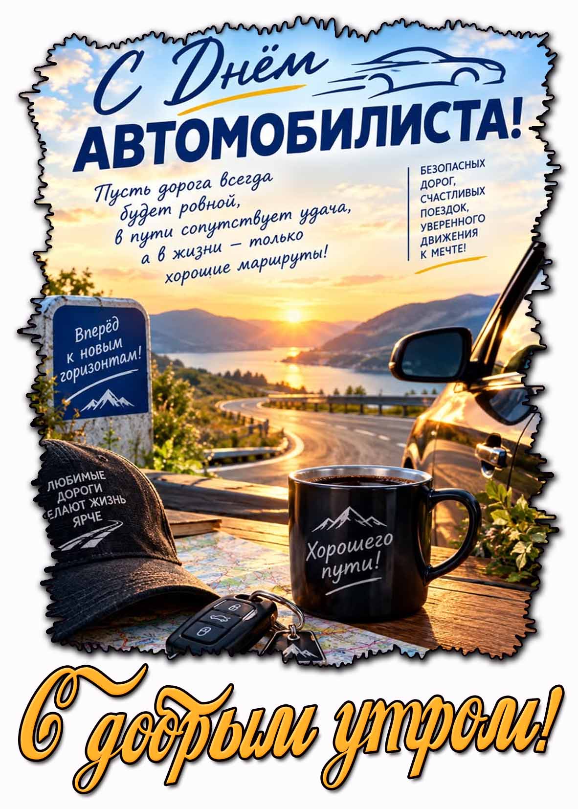 Поздравительная открытка "С добрым утром! С днём автомобилиста!"