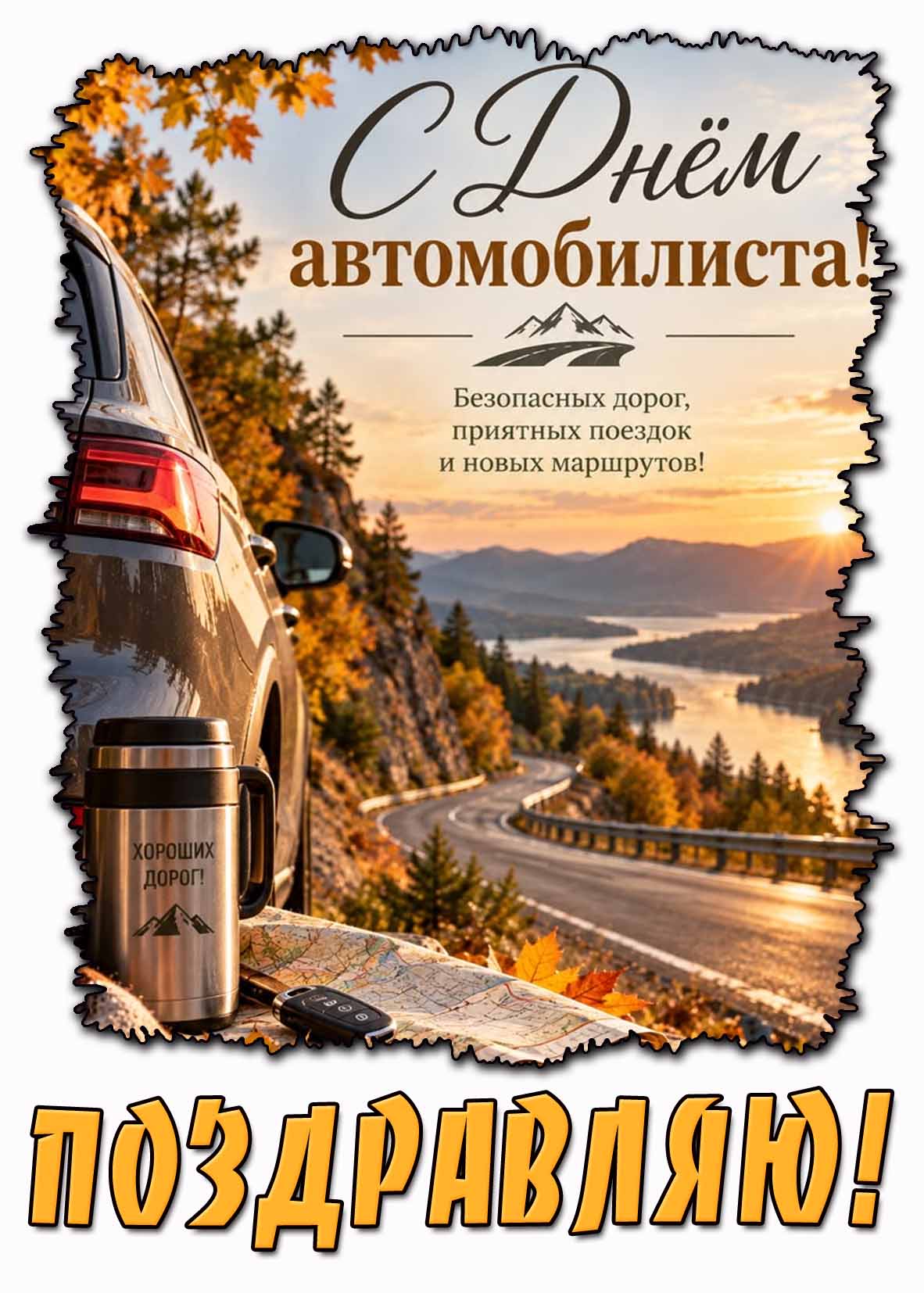 Красивая открытка "С днём автомобилиста! Безопасных дорог, приятных поездок и новых маршрутов! Поздравляю!"