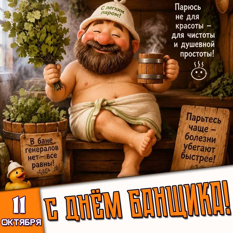 Прикольная картинка 11 октября - с днём банщика! Парюсь не для красоты - для чистоты и душевной простоты! С лёгким паром!