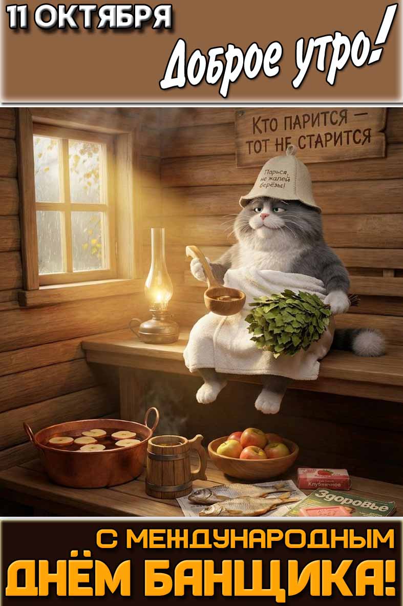 Прикольная картинка "11 октября доброе утро! С Международным днём банщика! Кто парится - тот не старится!"