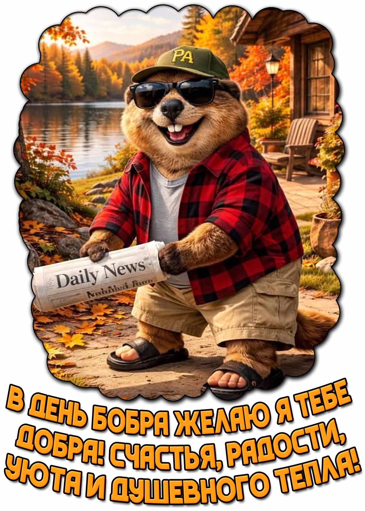 Открытка "В день бобра желаю я тебе добра! Счастья, радости, уюта и душевного тепла!"
