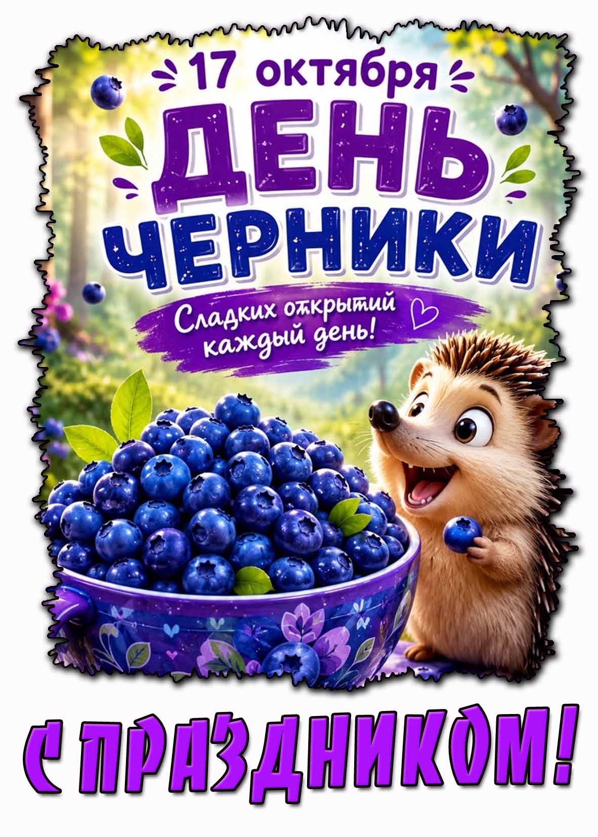 Прикольная открытка 17 октября - день черники! Сладких открытий каждый день! С праздником!
