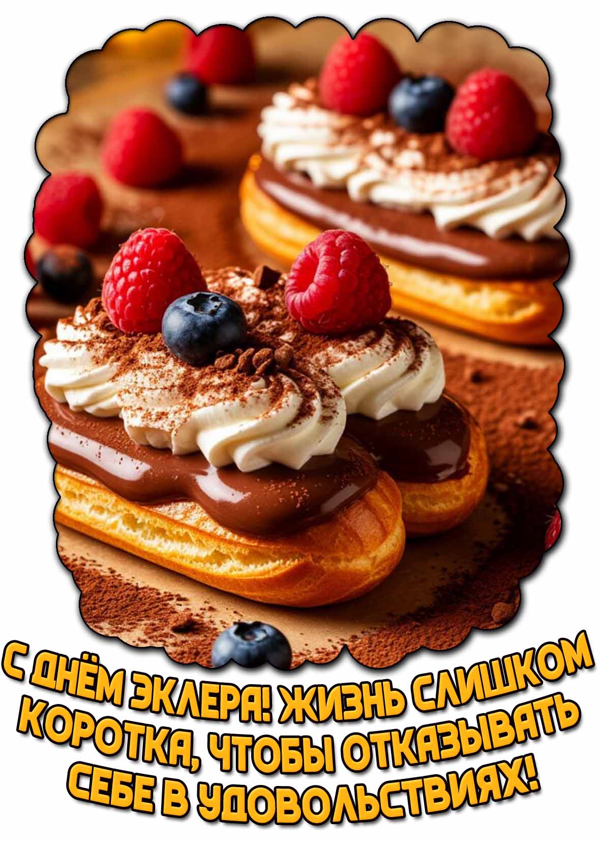 Открытка "С днём эклера! Жизнь слишком коротка, чтобы отказывать себе в удовольствиях!"