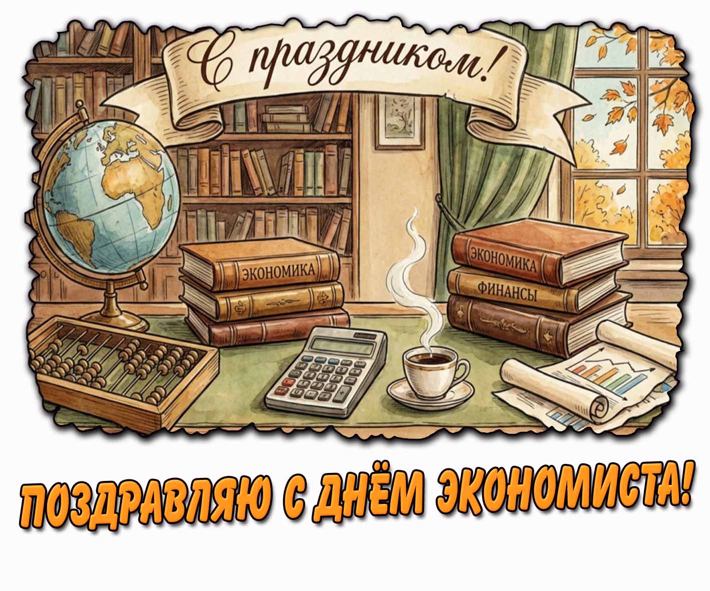Красивая горизонтальная открытка с книгами, счётами, кофе, калькулятором, графиками на фоне осеннего пейзажа за окном и надписью : Поздравляю с днём экономиста! С праздником! Осенняя открытка "Поздравляю с днём экономиста! С праздником!"