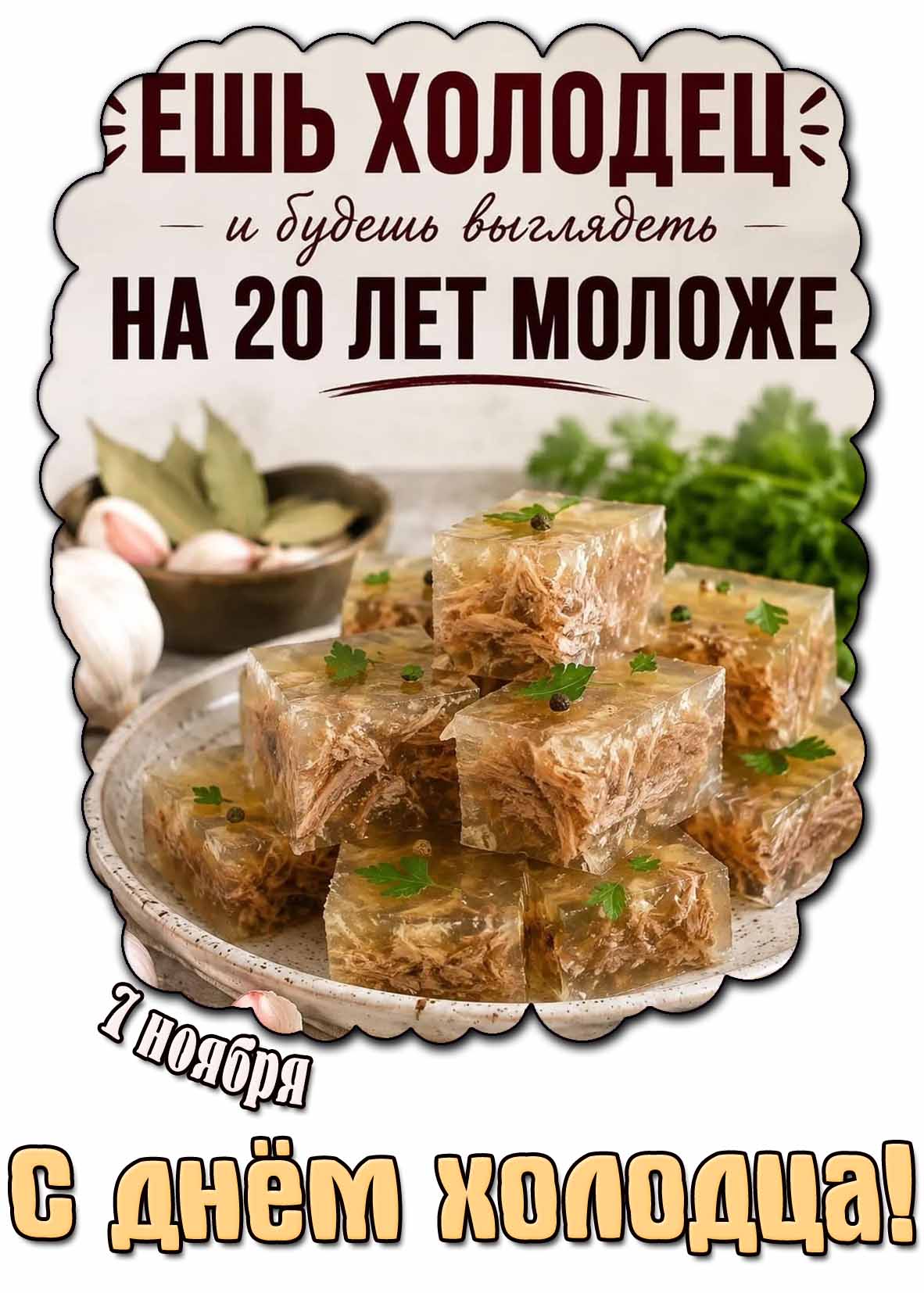 Картинка 7 ноября - с днём холодца! Ешь холодец и будешь выглядеть на 20 лет моложе!