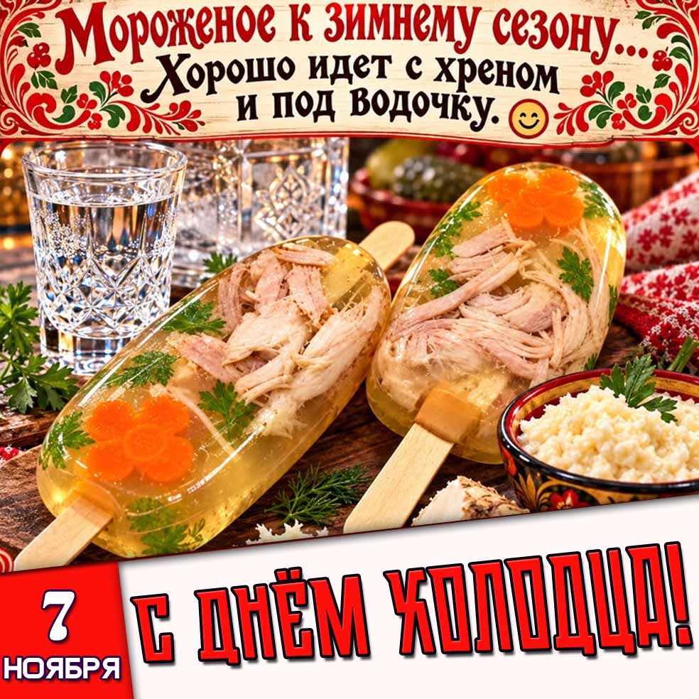 Открытка 7 ноября - с днём холодца! Мороженое к зимнему сезону... Хорошо идёт с хреном и под водочку!