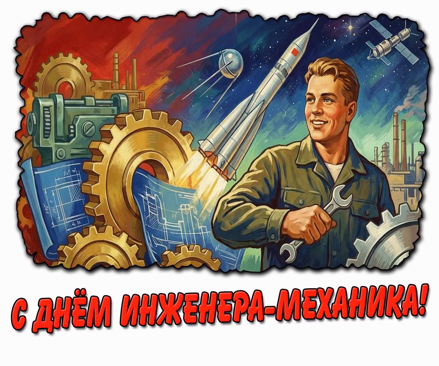 Стильная горизонтальная картинка с Советским рабочим с ключом в руках на фоне шестерёнок, чертежей и космических ракет, чтобы поздравить : С днём инженера-механика! Советская картинка с днём инженера-механика
