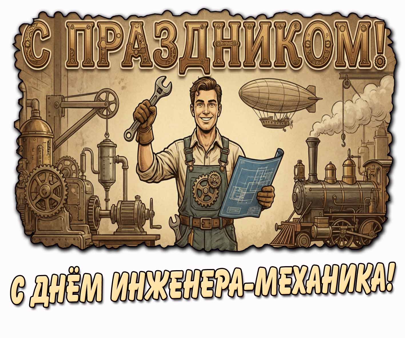 Красивая картинка в ретро стиле с мужчиной с чертежом, гаечным ключом в руке на фоне поезда, дирижабля, мотора и с надписью : С днём инженера-механика! С праздником! Ретро картинка "С днём инженера-механика! С праздником!"