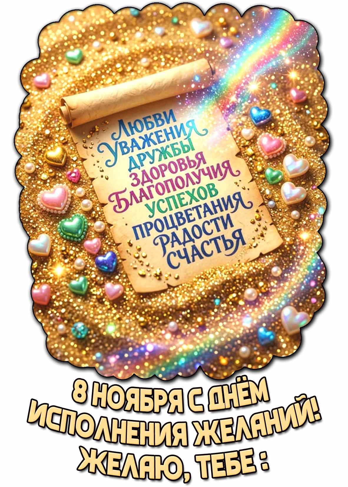 Красивая открытка с магическим и волшебным свитком на песке в морских глубинах к празднику 8 ноября - с днём исполнения желаний! Желаю, тебе : Любви, уважения, дружбы, здоровья, благополучия, успехов, процветания, радости, счастья! Открытка 8 ноября - с днём исполнения желаний! Желаю, тебе : Любви, уважения, дружбы, здоровья, благополучия, успехов, процветания, радости, счастья!
