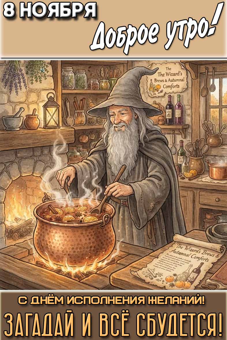 Вертикальная картинка с волшебником Грендальфом, варящим на кухне, магическое зелье и надписью : "8 ноября доброе утро! С днём исполнения желаний! Загадай и всё сбудется!". Картинка "8 ноября доброе утро! С днём исполнения желаний! Загадай и всё сбудется!"