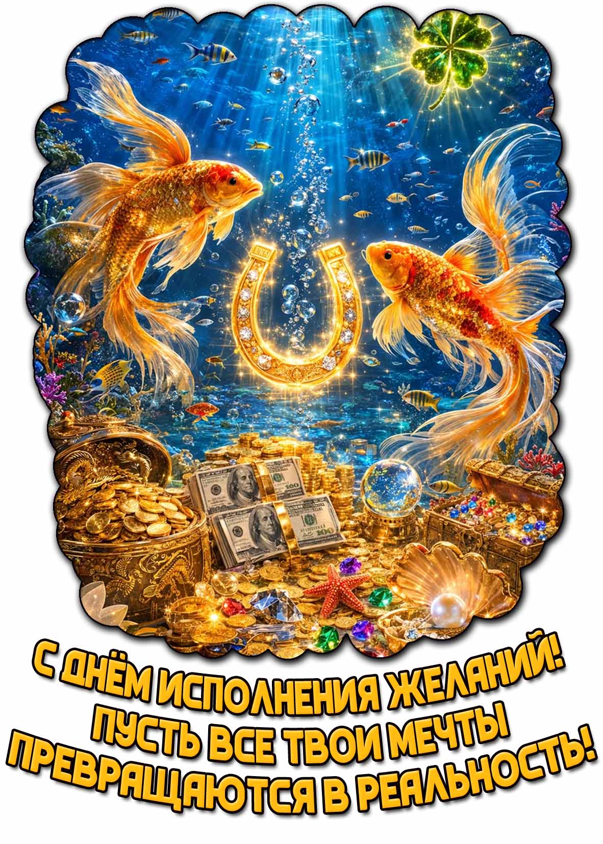 Красивая открытка с клевером, подковой удачи, золотыми рыбками и сундуками с золотом на дне морском, чтобы поздравить : С днём исполнения желания! Пусть все твои мечты превращаются в реальность! С днём исполнения желания! Пусть все твои мечты превращаются в реальность! - открытка с золотыми рыбками