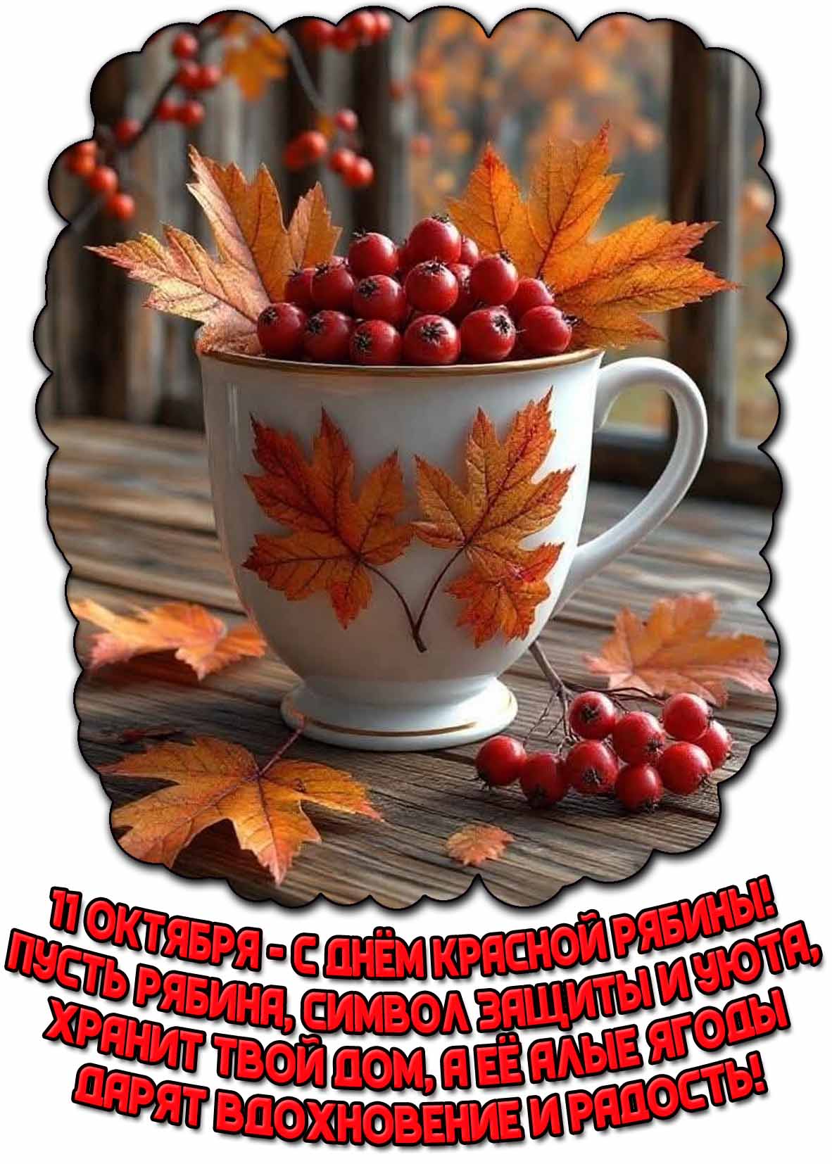 Открытка 11 октября - с днём красной рябины! Пусть рябина, символ защиты и уюта, хранит твой дом, а её алые ягоды дарят вдохновение и радость!