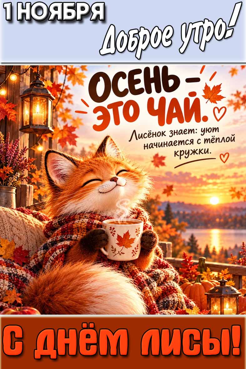 Картинка "1 ноября доброе утро! С днём лисы! Осень - этой чай! Лисёнок знает : уют начинается с тёплой кружки!"