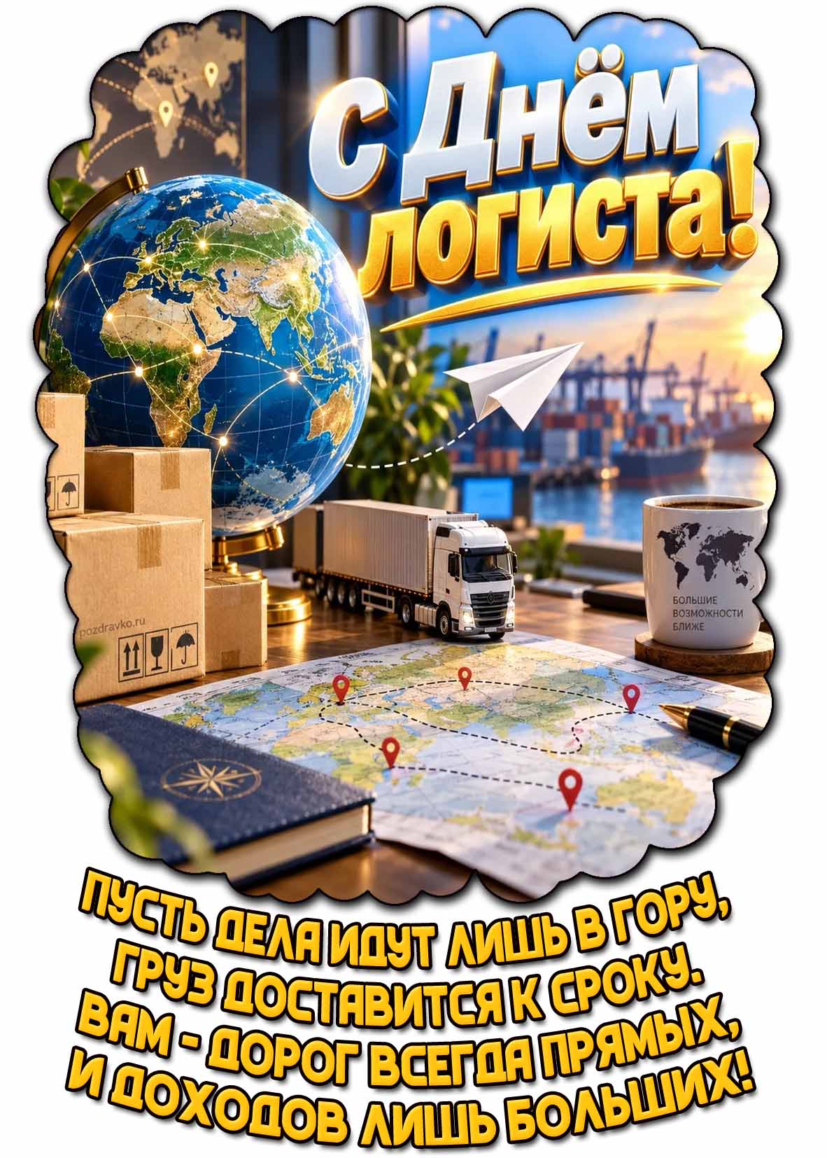 Открытка "С днём логиста! Пусть дела идут лишь в гору, груз доставится к сроку. Вам - дорог всегда прямых, и доходов лишь больших!"