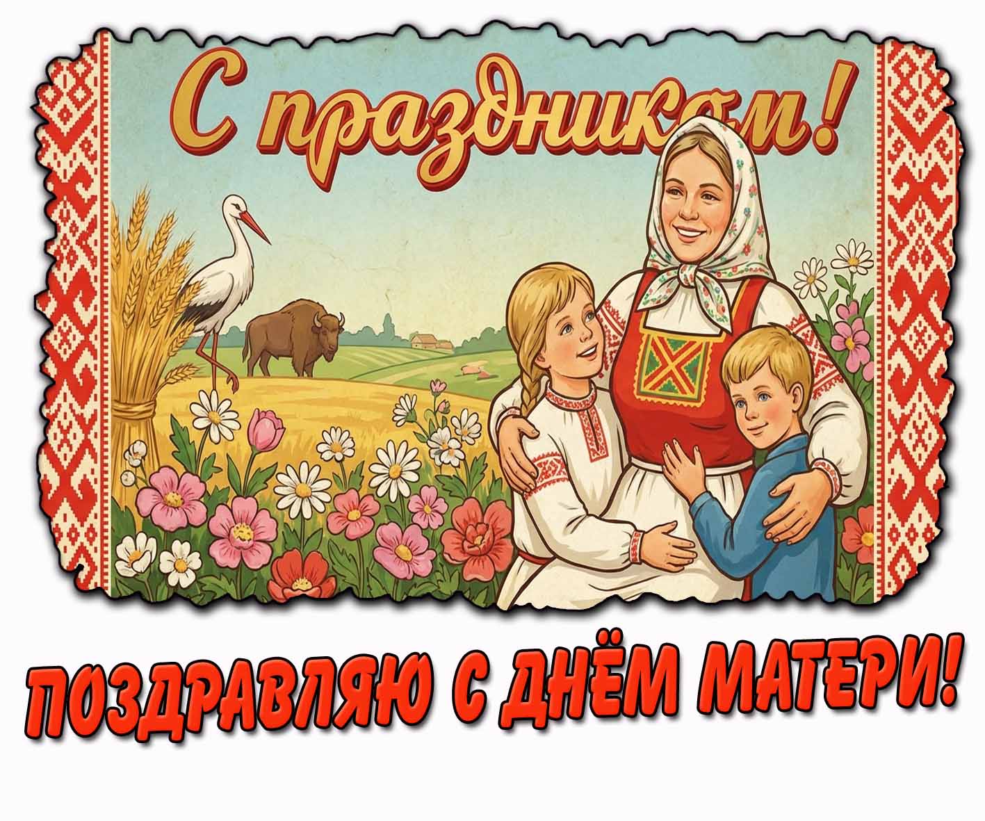 Открытка с Белорусским колоритом "Поздравляю с днём матери! С праздником!"