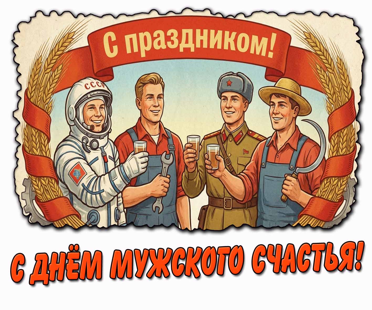 Советская открытка "С днём мужского счастья! С праздником!"