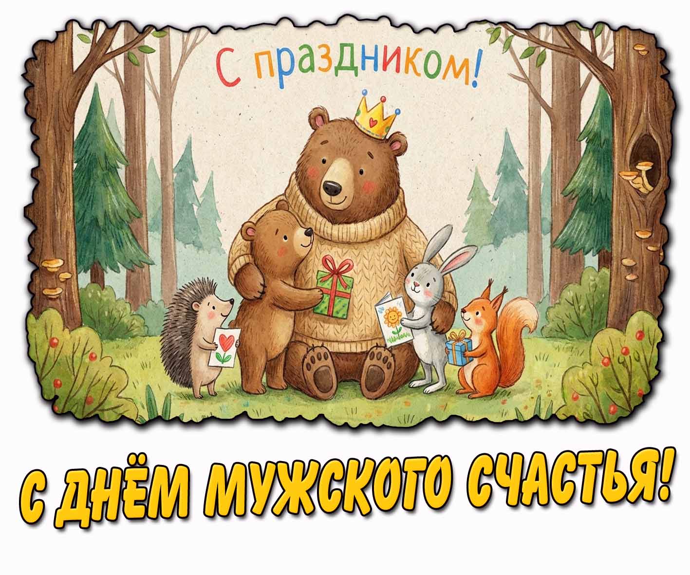 Прикольная детская открытка "С днём мужского счастья! С праздником!"
