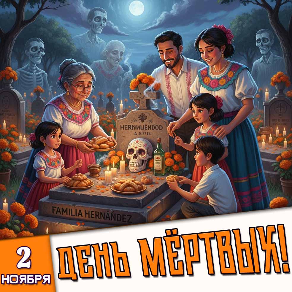 Красивая в мультяшном стиле картинка с Мексиканской семьёй на кладбище к празднику 2 ноября - день мёртвых!
