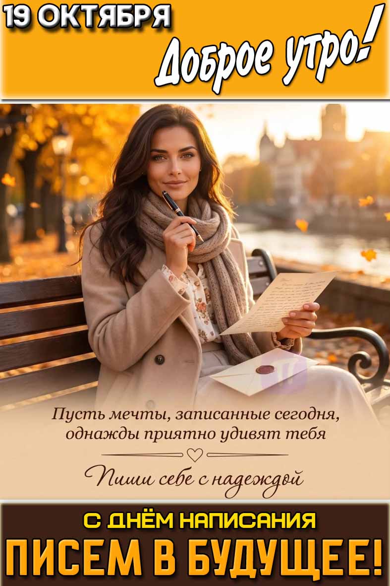 Осенняя открытка "19 октября доброе утро! С днём написания писем в будущее! Пусть мечты, записанные сегодня, однажды приятно удивят тебя!"