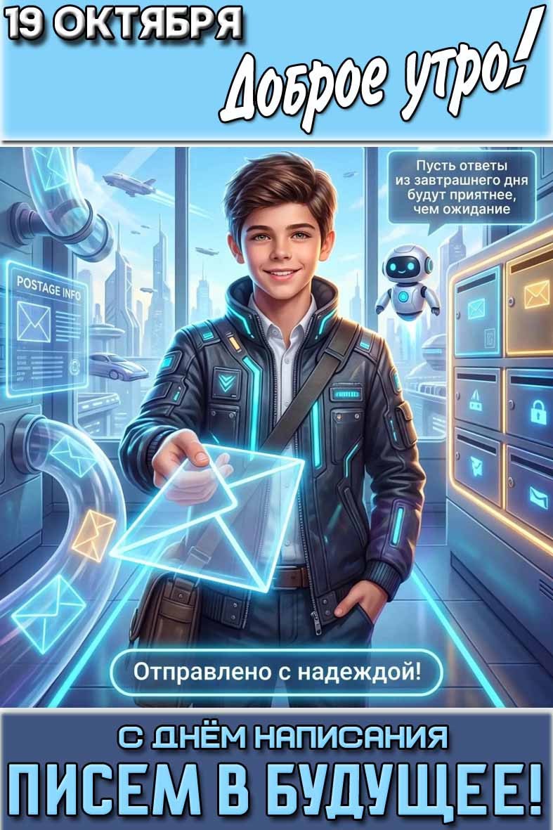 Картинка "19 октября доброе утро! С днём написания писем в будущее! Пусть ответы из завтрашнего дня будут приятнее, чем ожидание!"