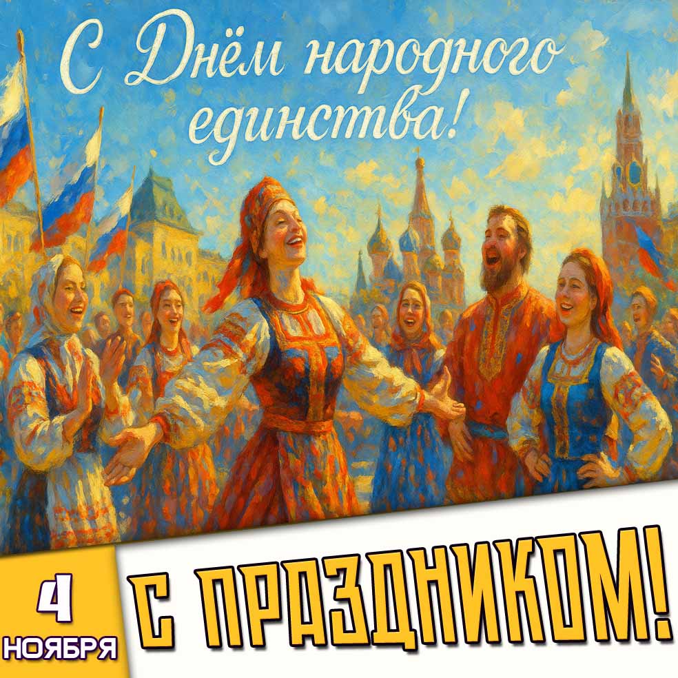 Красивая картинка с гуляньями с флагами в старинно стиле на фоне Кремля к 4 ноября - с днём народного единства! С праздником! Картинка 4 ноября - с днём народного единства! С праздником!