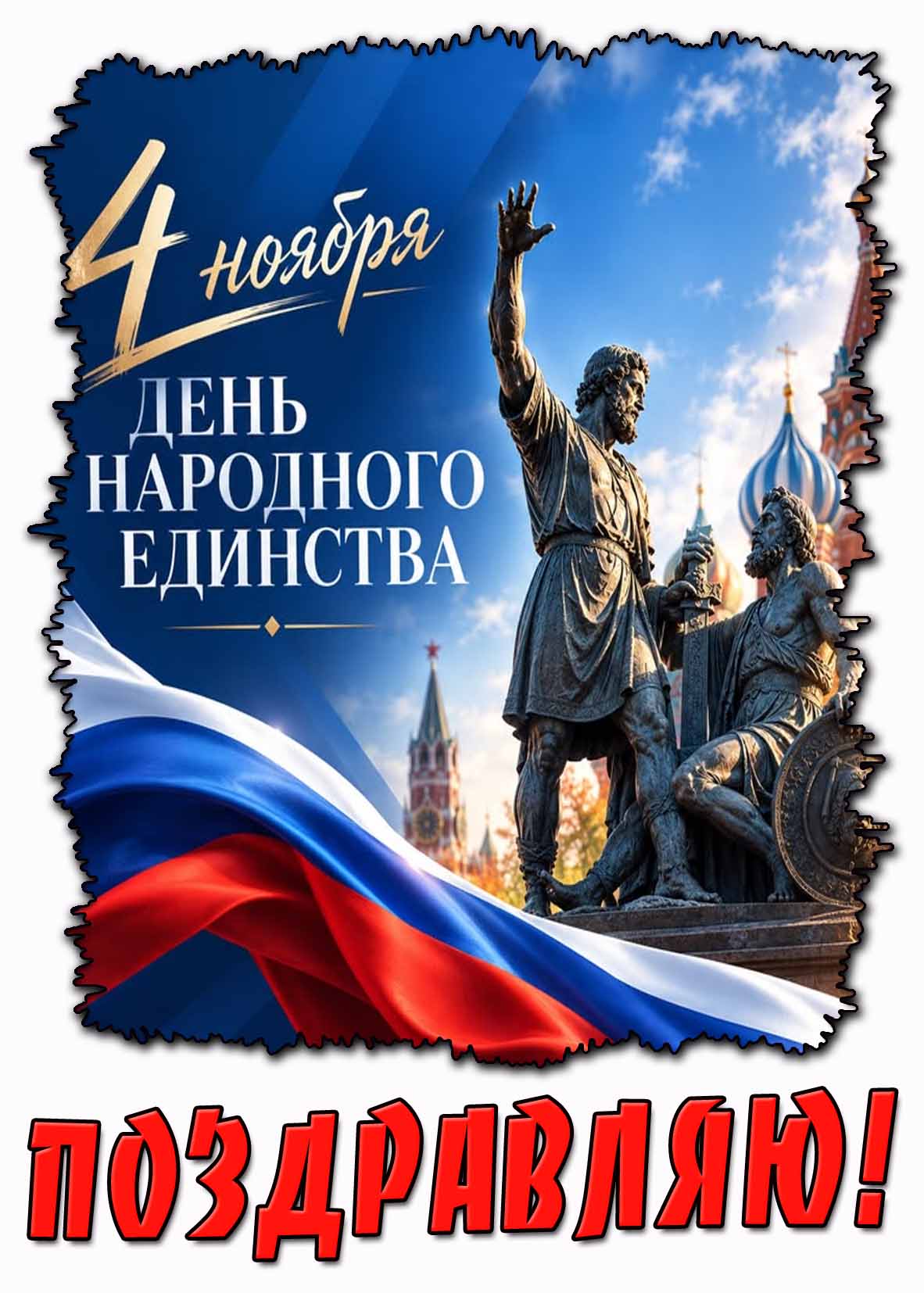 Красивая открытка с реющим флагом России, памятником Минину и Пожарскому на фоне Кремля и куполов храма Василия Блаженного к празднику 4 ноября - день народного единства! Поздравляю! Красивая открытка 4 ноября - день народного единства! Поздравляю!