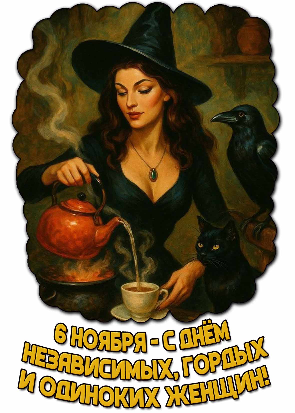 Открытка с чёрной кошкой, вороном и красивой ведьмой, наливающей чай, чтобы поздравить : С днём независимых, гордых и одиноких женщин! Открытка с чёрной кошкой, вороном и красивой ведьмой, наливающей чай, чтобы поздравить : С днём независимых, гордых и одиноких женщин!