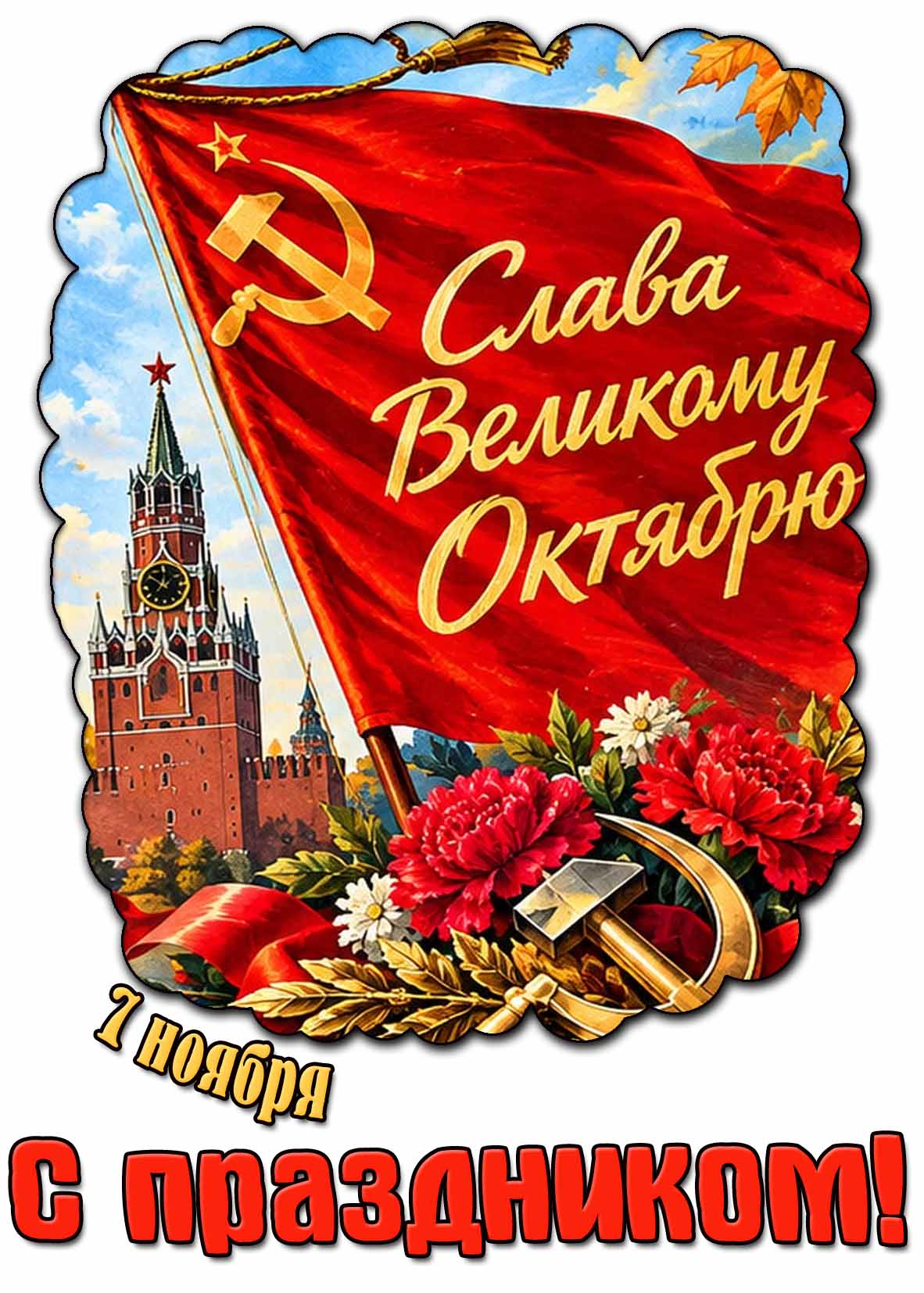 Красивая осенняя открытка с цветами, серпом с молотом и Советским знаменем на фоне Кремля к 7 ноября - Слава Великому Октябрю! С праздником! Открытка 7 ноября - Слава Великому Октябрю! С праздником!