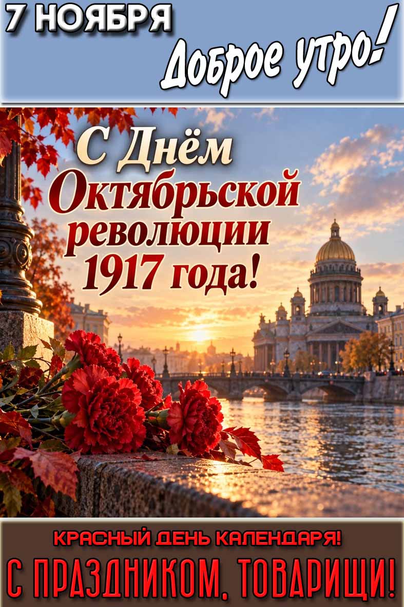 Красивая вертикальная картинка на телефон с красными гвоздиками на фоне Исаакиевского собора на рассвете и надписью : "7 ноября доброе утро! С днём Октябрьской революции 1917 года! Красный день календаря! С праздником, товарищи!". Картинка "7 ноября доброе утро! С днём Октябрьской революции 1917 года! Красный день календаря! С праздником, товарищи!"