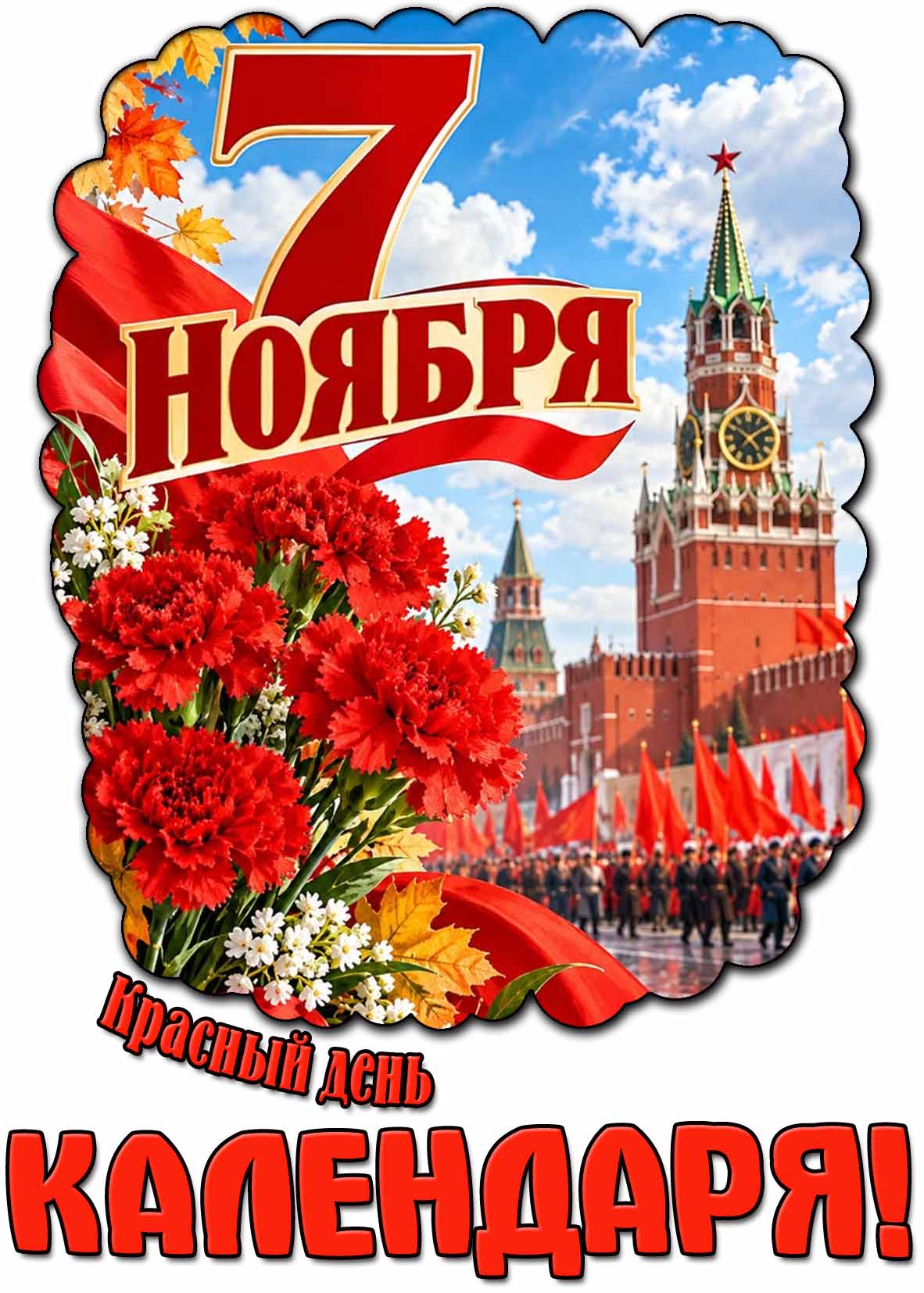 Красивая открытка с букетом из красных гвоздик с осенними листьями на фоне марширующей людей с флагами на фоне Кремля и надписью : 7 ноября - Красный день календаря!