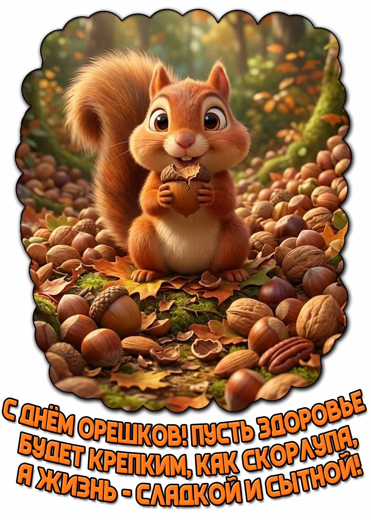 Красивая открытка с белкой в "ореховом лесу", чтобы поздравить : С днём орешков! Пусть здоровье будет крепким, как скорлупа, а жизнь - сладкой и сытной! Открытка "С днём орешков! Пусть здоровье будет крепким, как скорлупа, а жизнь - сладкой и сытной!"