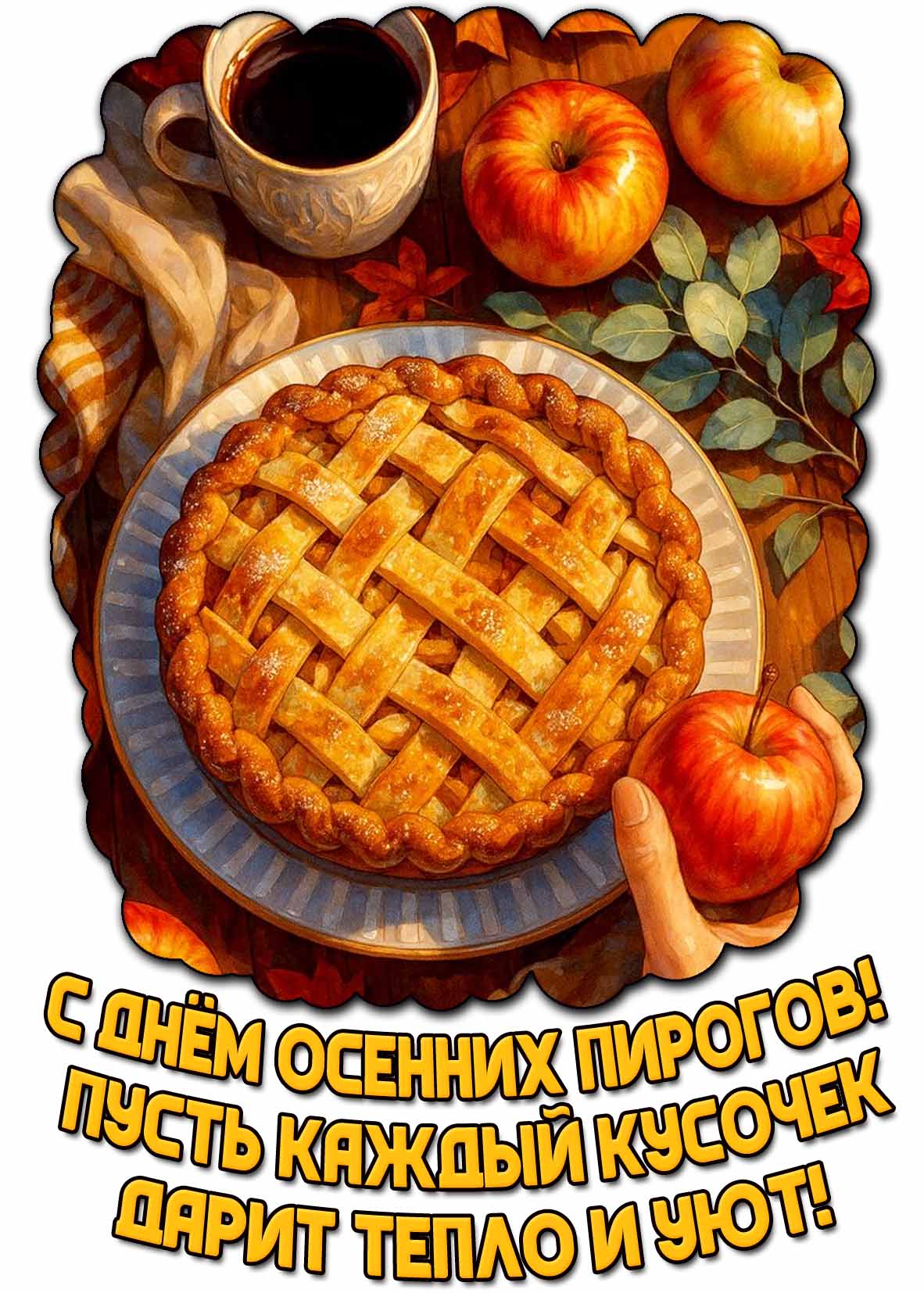 Красивая открытка "С днём осенних пирогов! Пусть каждый кусочек дарит тепло и уют!"