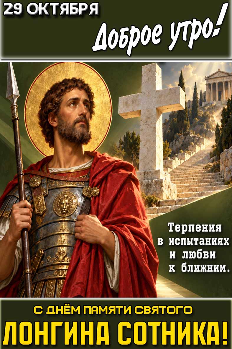 Открытка "29 октября доброе утро! С днём памяти святого Лонгина Сотника! Терпения в испытаниях и любви к ближним!"