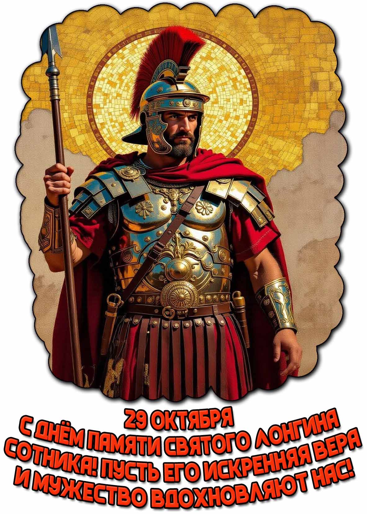 Открытка 29 октября - с днём памяти святого Лонгина Сотника! Пусть его искренняя вера и мужество вдохновляют нас!