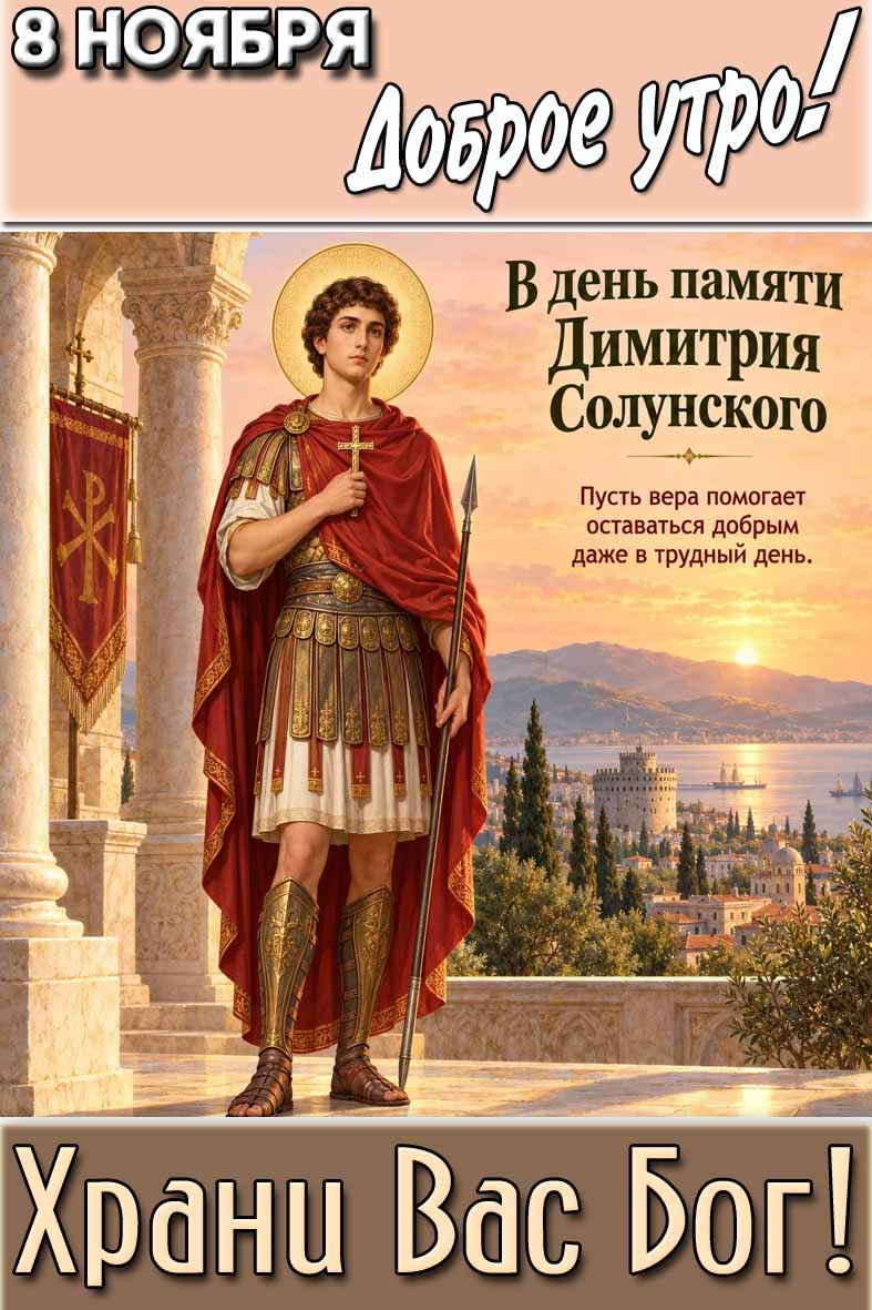 Картинка "8 ноября доброе утро! В день памяти Димитрия Солунского : Пусть вера помогает оставаться добрым даже в трудный день! Храни Вас Бог!"